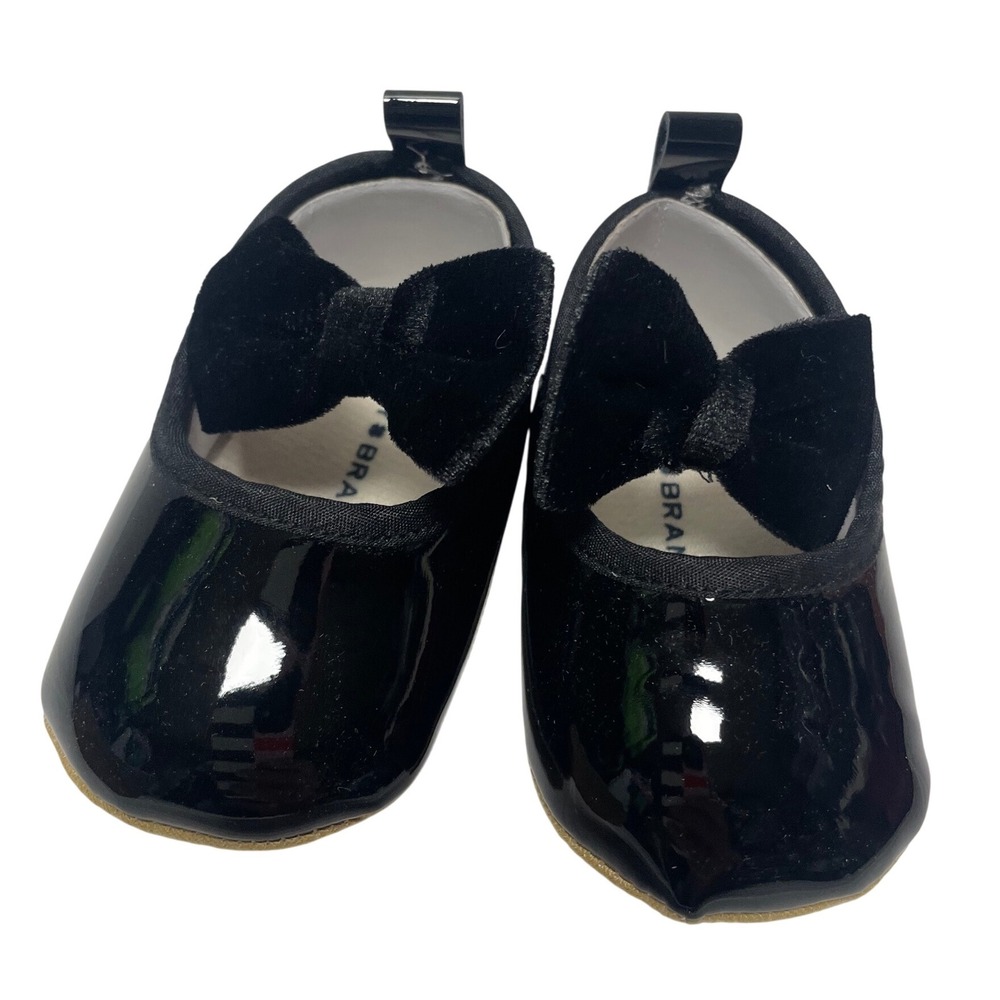 Lucky Brand Amber Black Patent Bow Crib Shoes Newborn Size 1